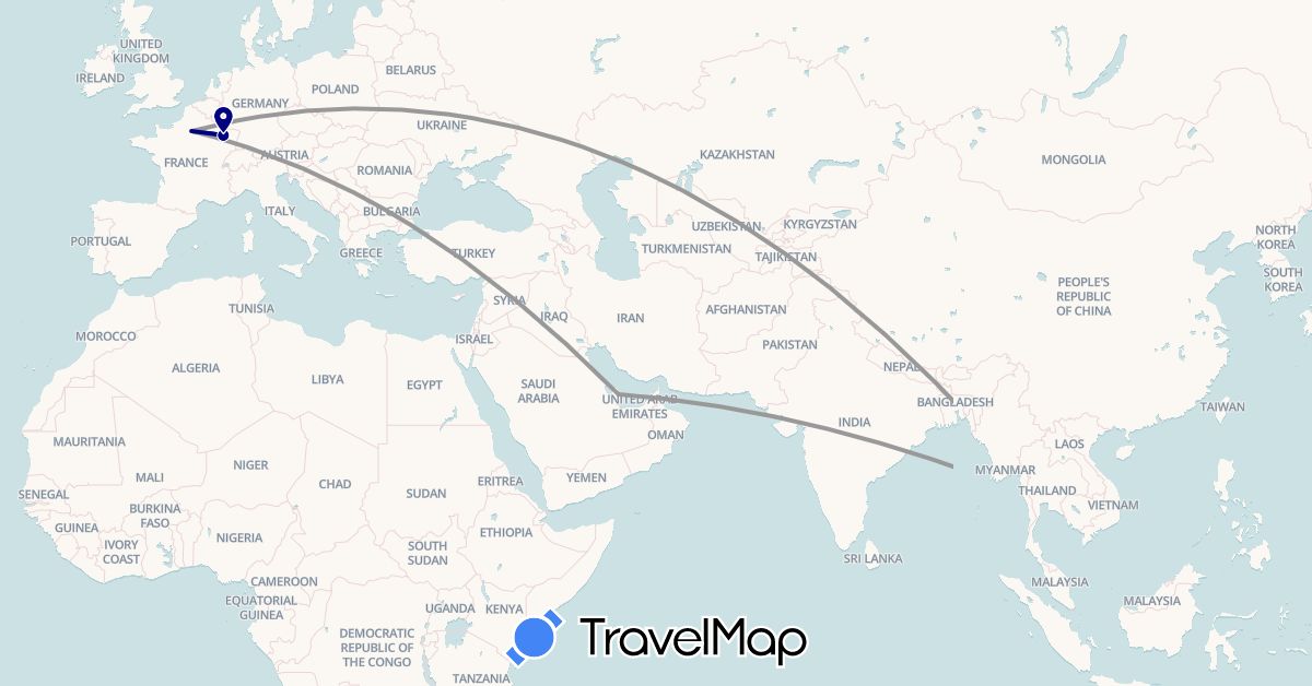 TravelMap itinerary: driving, bus, plane, hiking, boat in France, Cambodia, Qatar, Thailand, Vietnam (Asia, Europe)